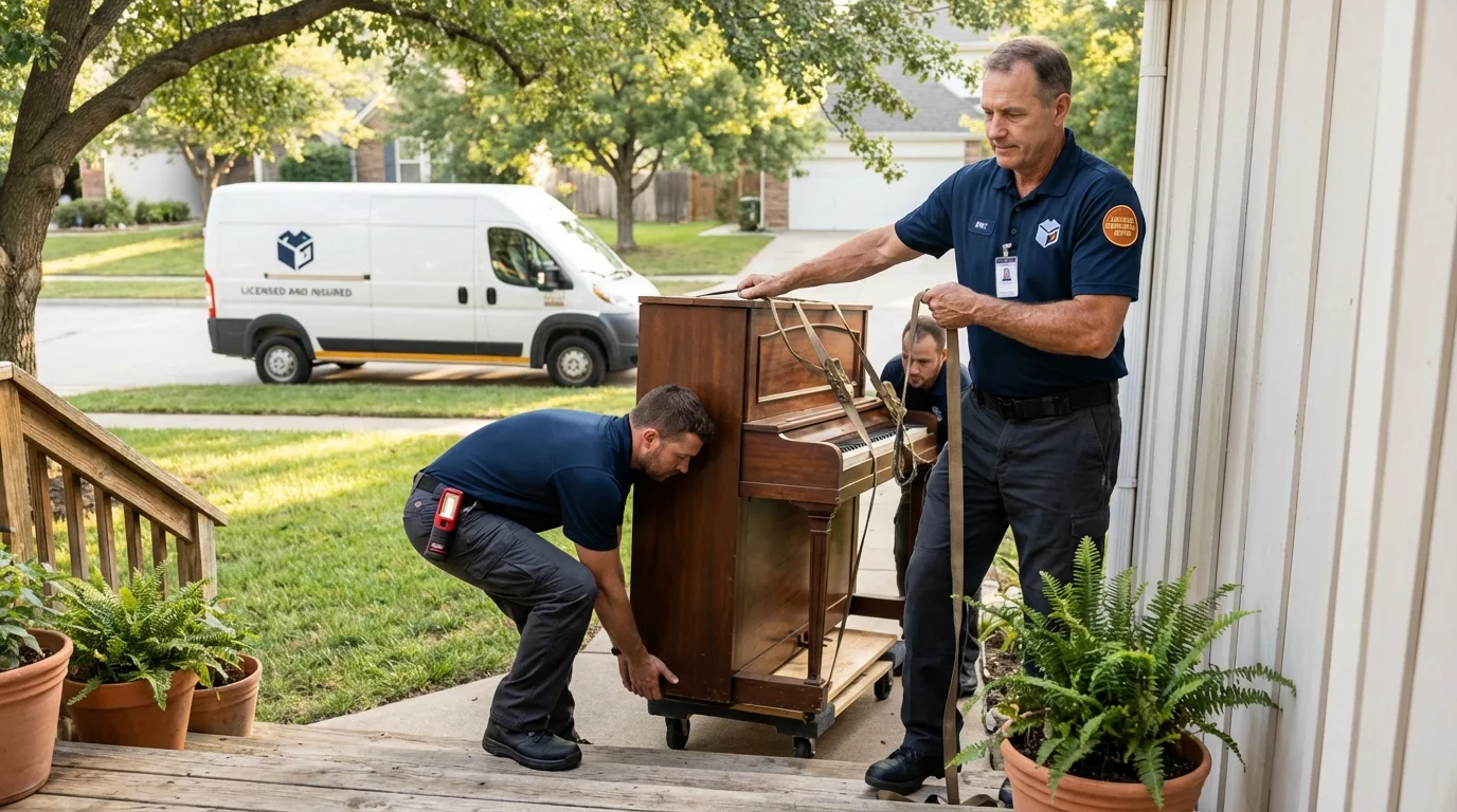 Licensed piano movers securing grand piano in Carrizozo, NM