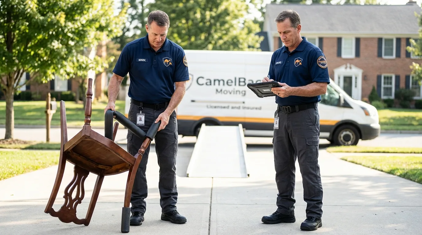 Movers inspecting furniture for damage prevention before loading in Carrizozo, NM