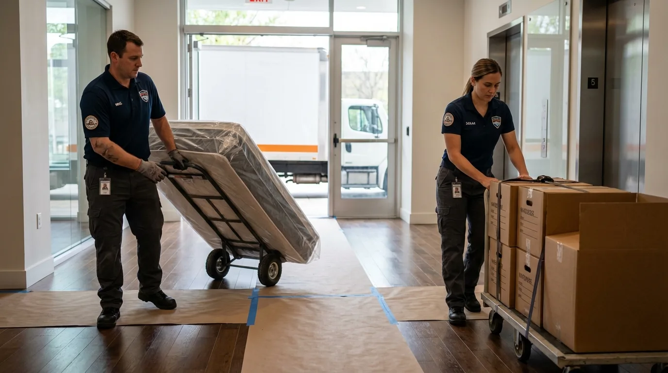 Professional apartment movers loading elevator in Carrizozo, NM