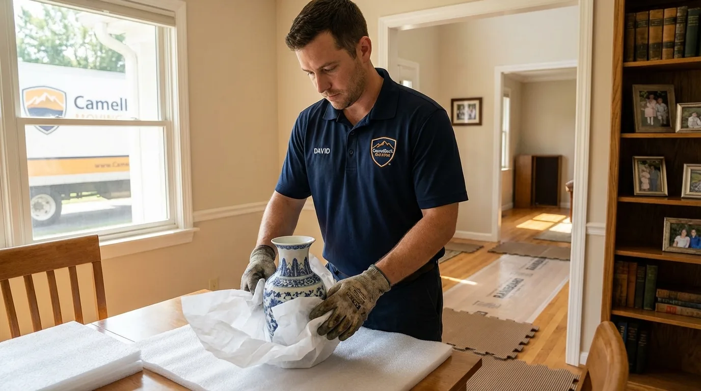 Professional crew carefully wrapping antique vase for senior downsizing move in Carrizozo, NM