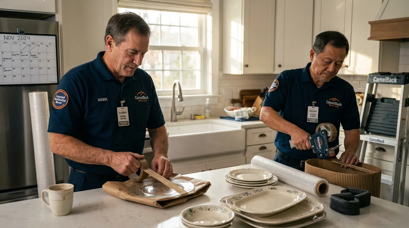 Professional crew packing kitchen dishware in Carrizozo, NM